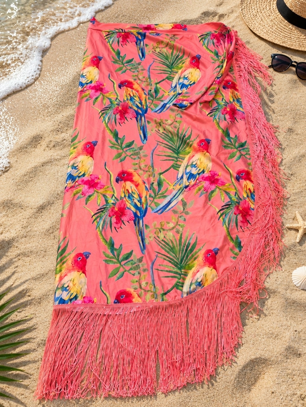 SHEIN Coral Pink Tropical Parrot Fringe Sarong Wrap